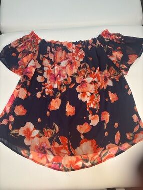 ECI New York Navy Floral Ruffled Off-Shoulder Top with Coral Accents